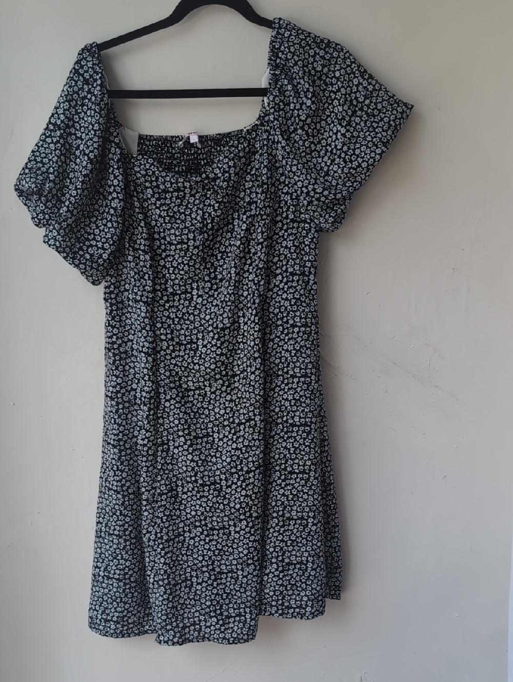 Black Floral Square-Neck Mini Dress with Puff Sleeves